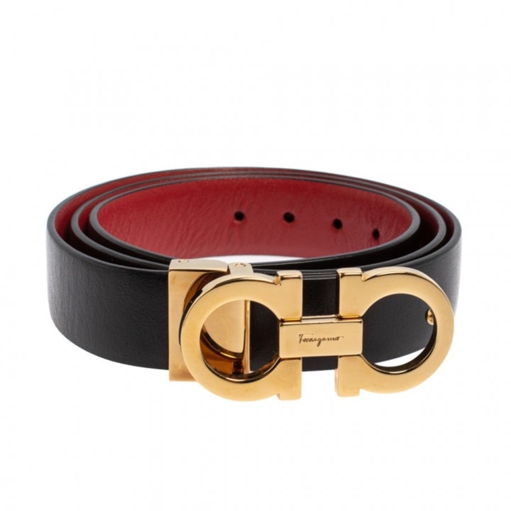 Ferragamo Black and Red Belt with Gold Buckle